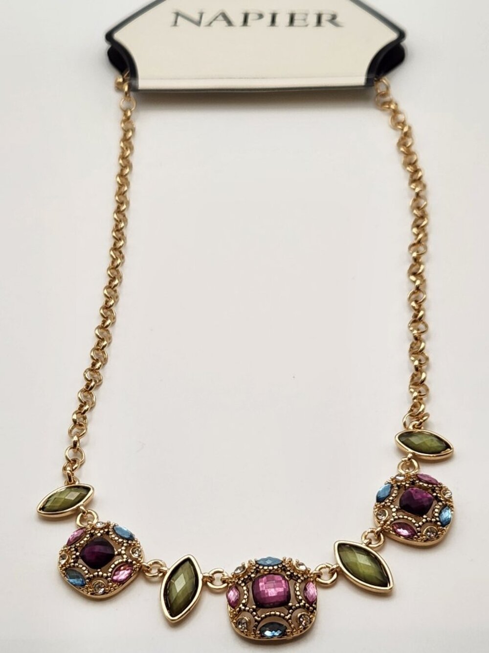 Napier necklace gold tone multi color green purple NWT